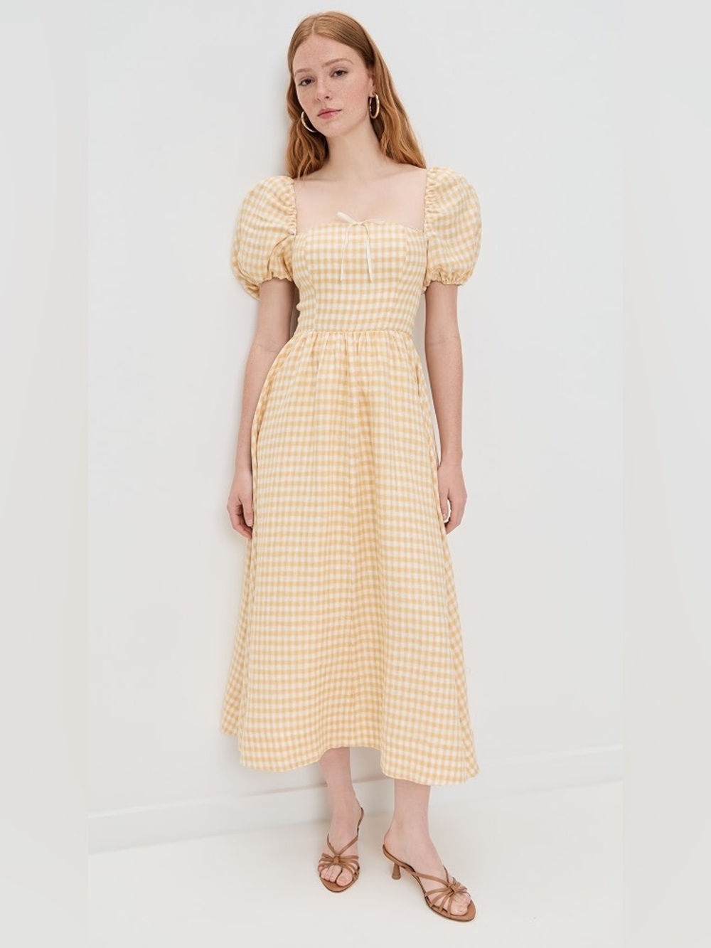 Reformation 8 Marella Linen Midi Dress Yellow Gingham